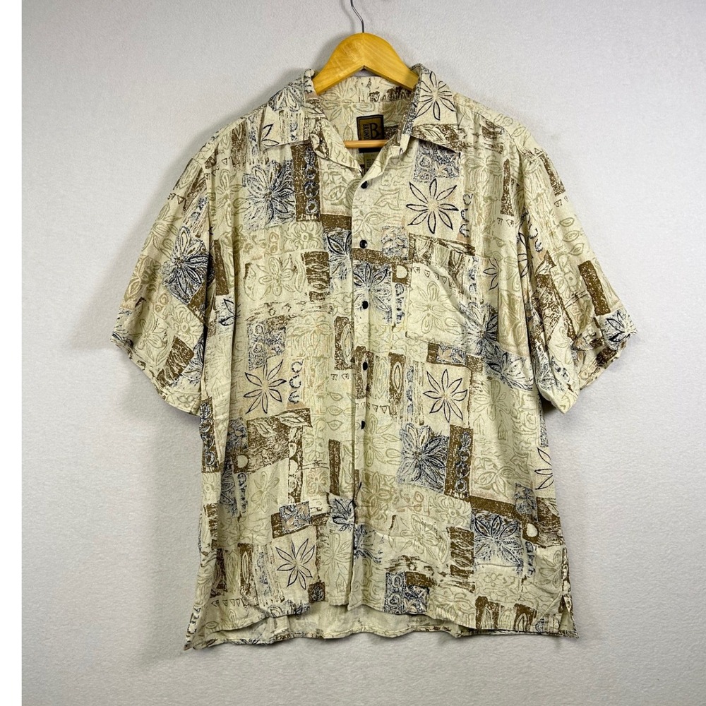 Bruno Silk Button Down‎ Shirt Mens XL Beige Brown Abstract Floral Short Sleeve